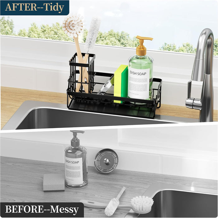Sponge Holder for Kitchen Sink - Sink Caddy with Stainless Steel Self Drain Tray, Sink Organizer with High Brush Holder 