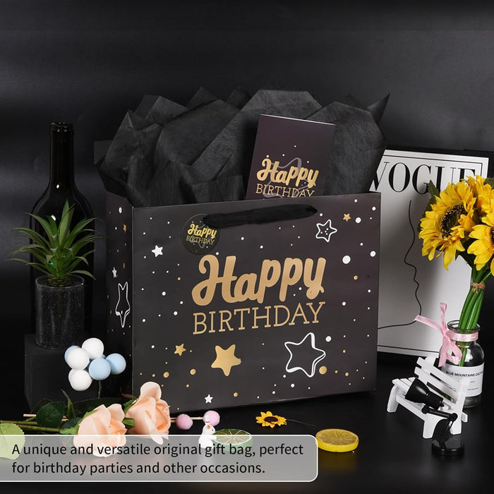 13" Birthday Gift Bag with Tissue Paper & Card(1 Pack Black Gold)