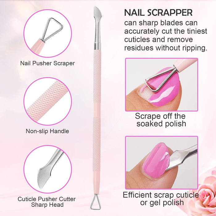 3 Pcs Pink Cuticle Nipper Set, Stainless Steel Pusher & Scraper