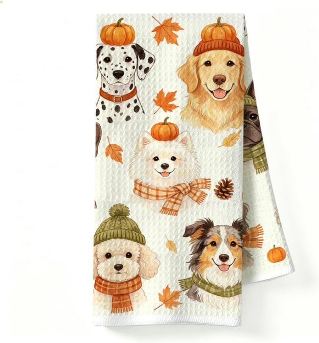 Autumn Dog Lover Kitchen Towel, Fall Puppy Decor Dish Towel
