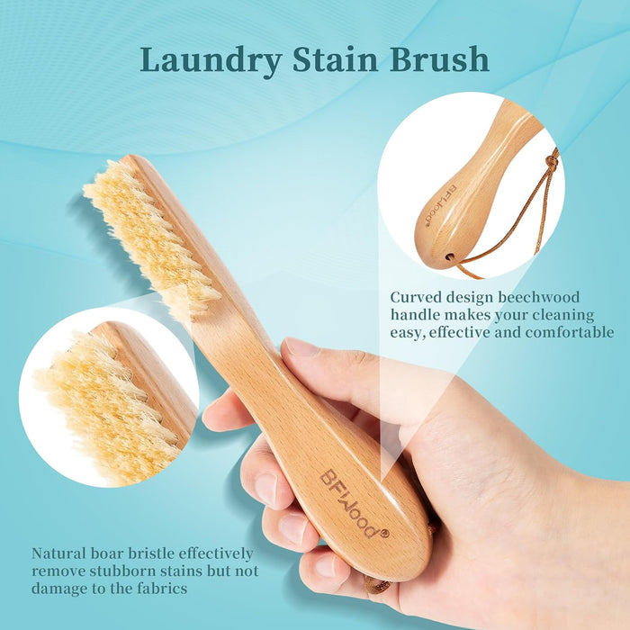 Laundry Stain Brush, Natural Soft Boar Bristles, Removes Tough Stains from Delicate Fabrics Like Knits, Cotton, and Line