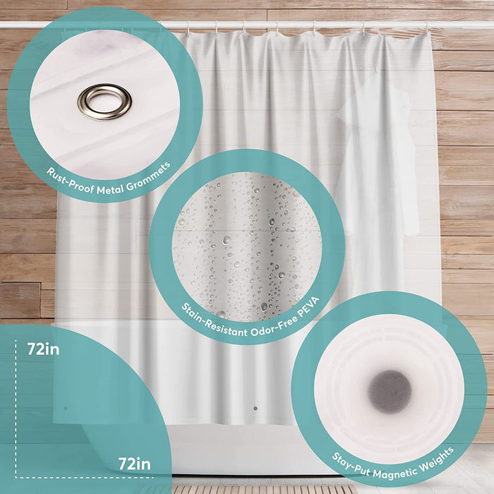 Clear Shower Curtain - 72x72 Odorless Plastic with Magnets, Washable Long Bathroom Curtain - Premium PEVA Waterproof Bath Curtain, Rust-Proof Bathroom Essentials