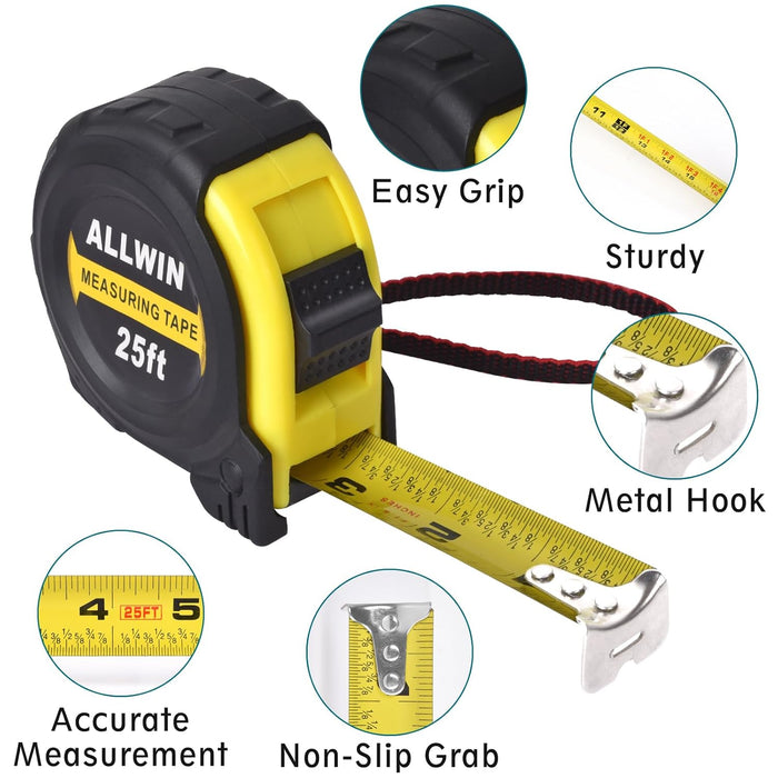 Tape Measure 25 Ft - Metal Retractable Tape Measure with Fractions, Easy Read, 1-inch Wide X 25 Foot