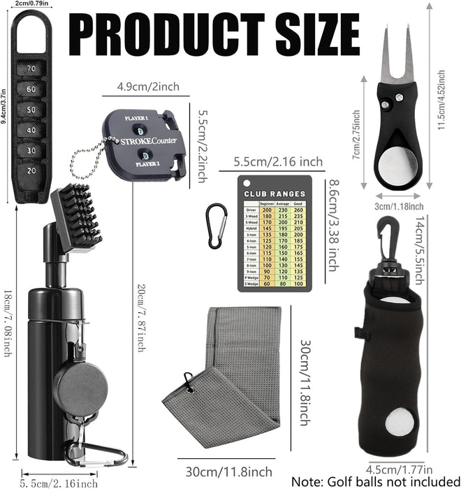 7Pcs Golf Accessories Kit, Include Golf Club Cleaner Towel Ball Bag Divot Tool Score Counter Range Chart Card Tee Elevat