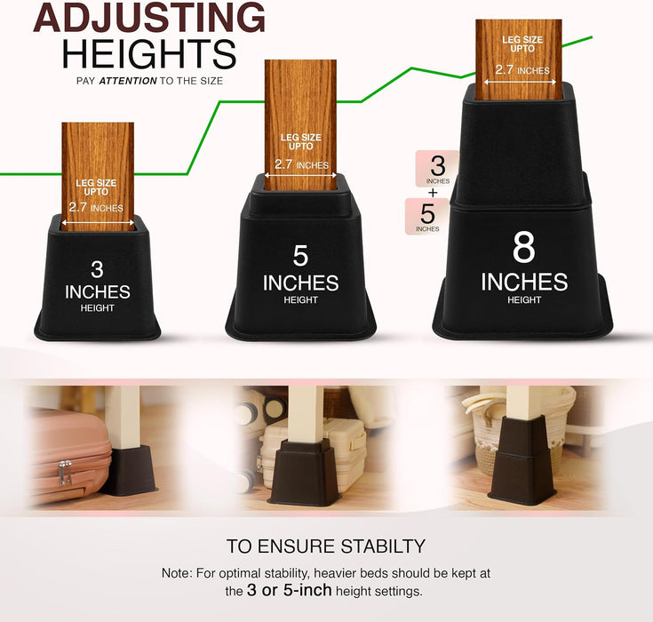 Adjustable Bed Risers 3 & 5 Inch, Black, 4-Pack