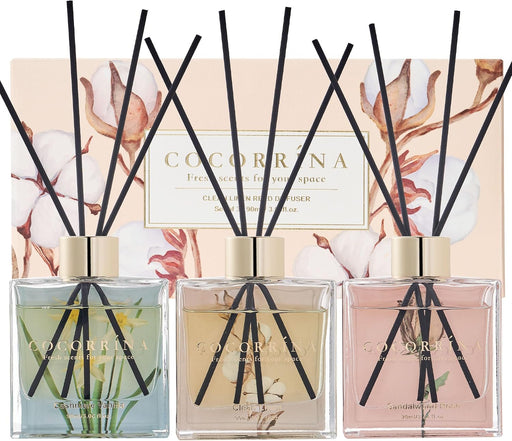 Reed Diffuser Set of 3-3 Pack/ 3.04 Fl.oz Diffuser with 24 Sticks Cashmere Vanilla/Sandalwood Rose/Clean Linen Reed Diffuser for Home Bathroom Office Decor