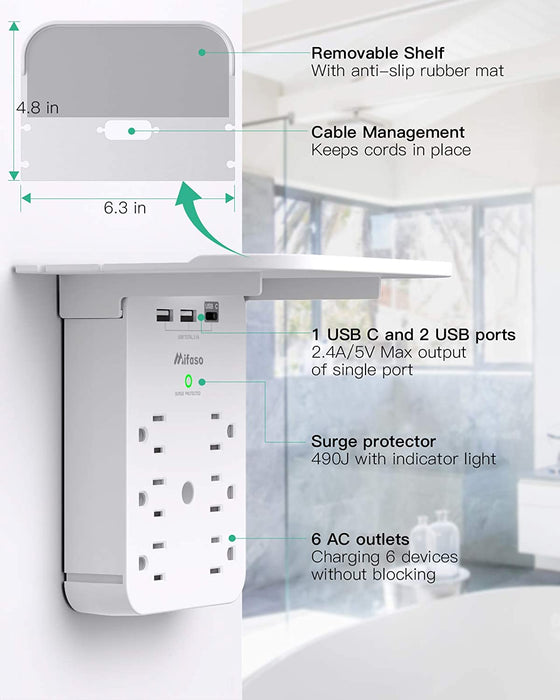 Wall Outlet Extender with Surge Protector, 6 AC Outlets, with Shelf