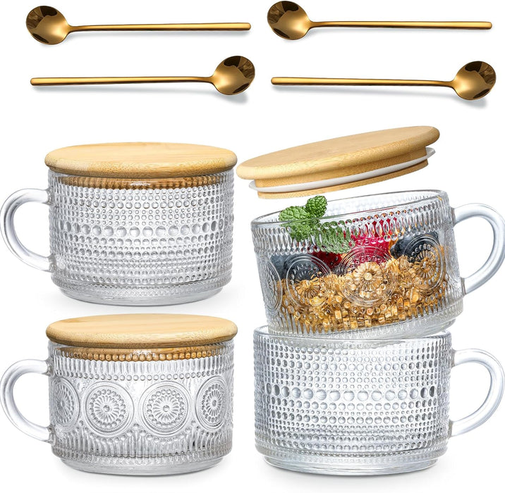 4pcs Set Vintage Coffee Mugs gifts for women, Overnight Oats Containers with Bamboo Lids and Spoons - 14oz Clear Embosse