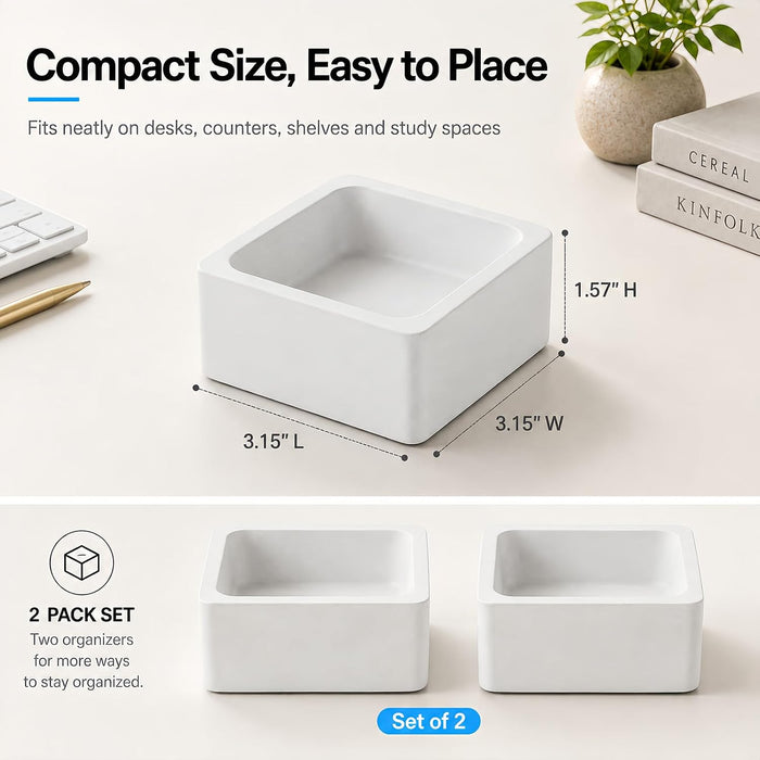 2 Pack White Concrete Desk Organizer Trays for Paper Clips & Supplies