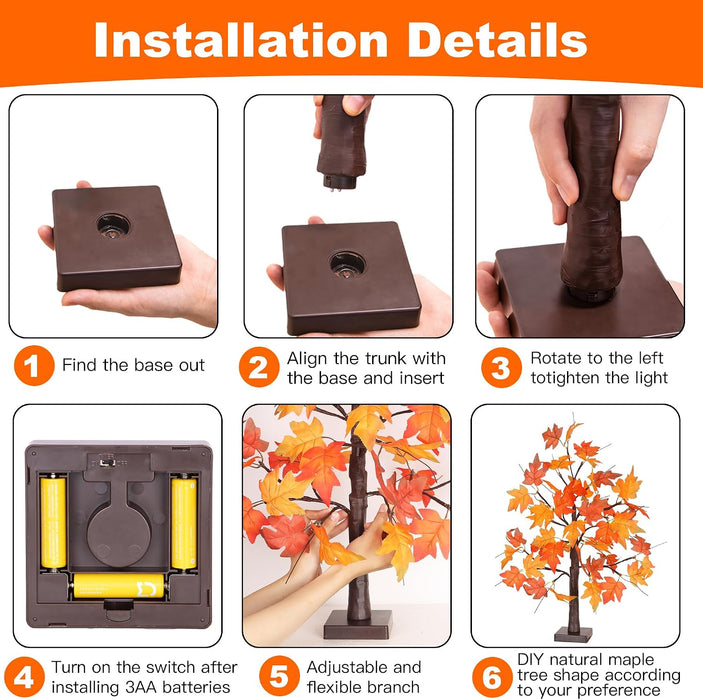 1 Pack 24 Inch Fall Maple Tree with 48LED Battery Operated Lighted Tabletop Artificial Tree with Pumpkin Acorn Maple Fal