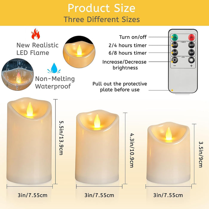 Flameless Candles 4" 5" 6" Set of 3 Outdoor Indoor Ivory Pillars Battery Operated Flickering Candles with Cozy Climbing Flame Effect, 8-Key Remote Timer, Plastic LED Candles for Wedding Decor