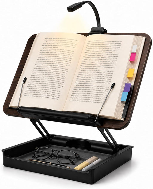 Adjustable Wooden Book Stand with Storage and Reading Light