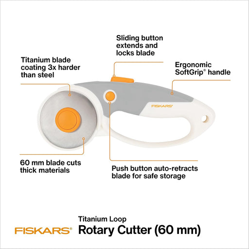 Fiskars 60mm Loop Titanium SoftGrip Rotary Cutter for Fabric & Sewing