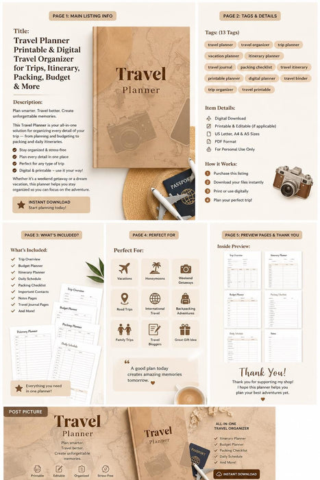 Travel Planner Printable PDF | Vacation Planner | Trip Itinerary Organizer | Travel Journal & Packing Checklist | Instant Download 28 Pages