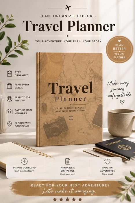 Travel Planner Printable PDF | Vacation Planner | Trip Itinerary Organizer | Travel Journal & Packing Checklist | Instant Download 28 Pages