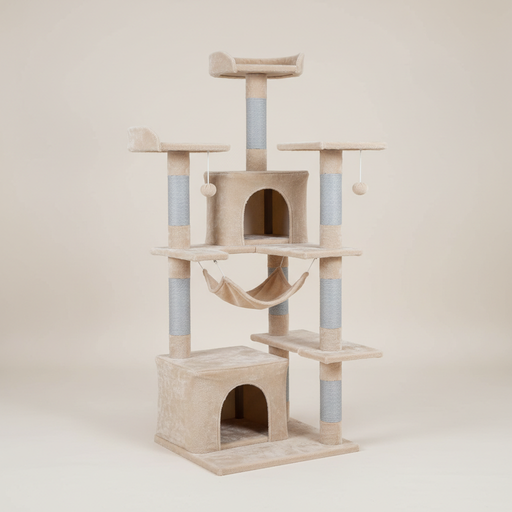 Tall beige and gray multi-level cat tree with condos, scratching posts, platforms, and hammock