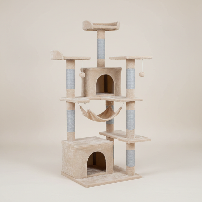 Tall beige and gray multi-level cat tree with condos, scratching posts, platforms, and hammock