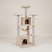 Tall beige and gray multi-level cat tree with condos, scratching posts, platforms, and hammock