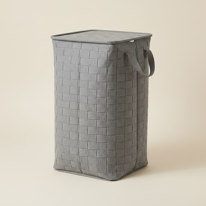 Gray foldable lidded laundry hamper with carry handles