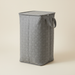 Gray foldable lidded laundry hamper with carry handles