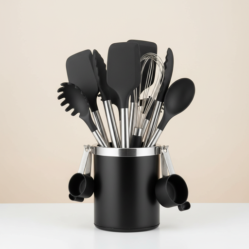 35-piece black and stainless steel kitchen utensil set arranged in a countertop holder
