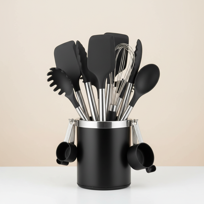 35-piece black and stainless steel kitchen utensil set arranged in a countertop holder