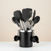 35-piece black and stainless steel kitchen utensil set arranged in a countertop holder