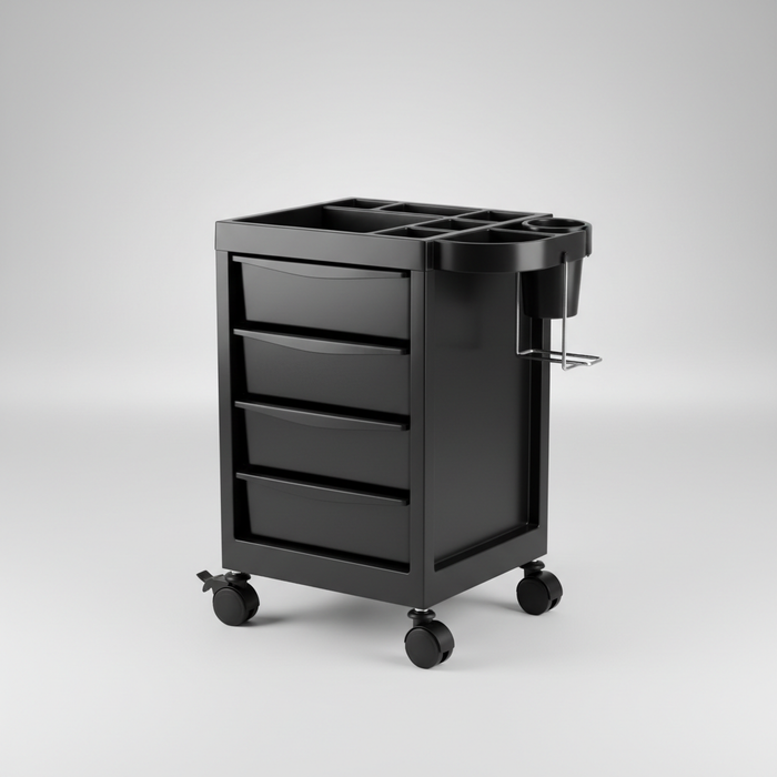 Black rolling salon tool cart with four drawers, top tray, and caster wheels