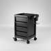 Black rolling salon tool cart with four drawers, top tray, and caster wheels