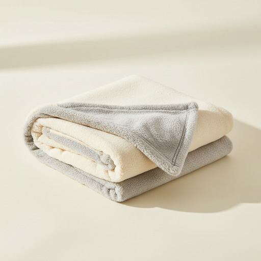 Ultra-soft cream and gray washable pet blanket folded on a neutral background