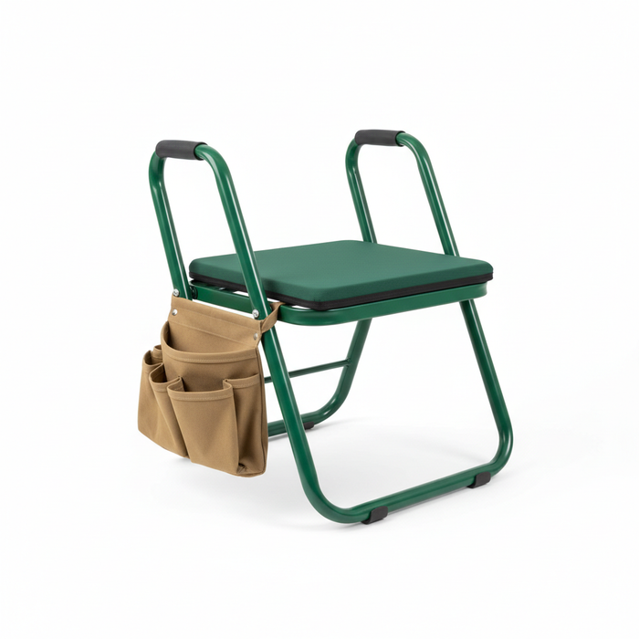 Foldable garden kneeler seat with tool pouch