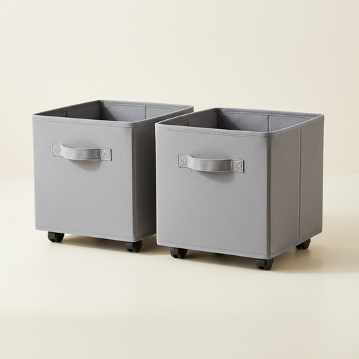 Two gray rolling foldable storage bins with handles and casters