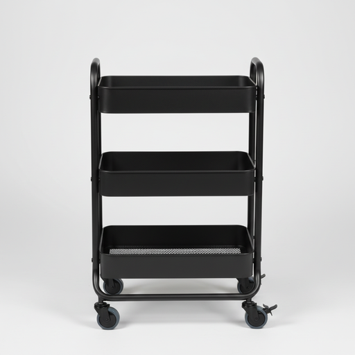 Black three-tier rolling utility cart with caster wheels