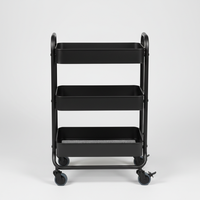 Black three-tier rolling utility cart with caster wheels