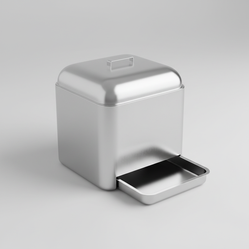 Covered stainless steel cat litter box with silver tray and matching lid