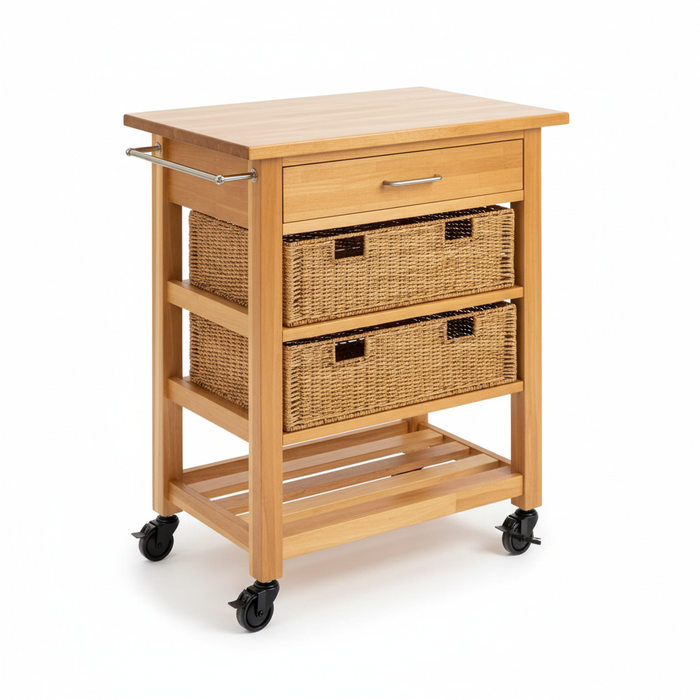 Mobile kitchen island cart with baskets and drawer