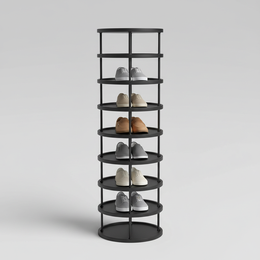 Tall black seven-tier rotating shoe rack with shoes displayed on circular shelves