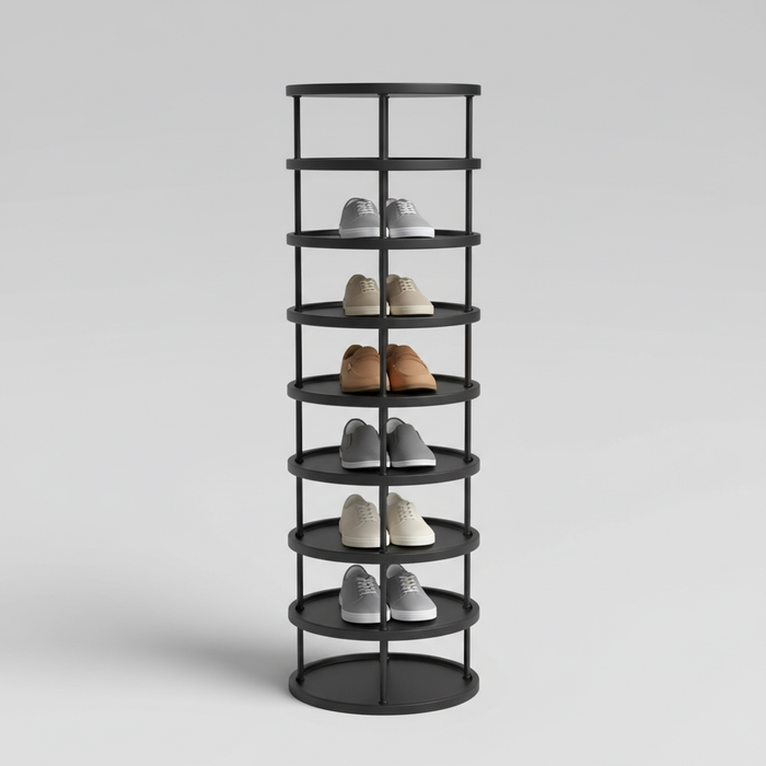Tall black seven-tier rotating shoe rack with shoes displayed on circular shelves