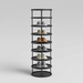 Tall black seven-tier rotating shoe rack with shoes displayed on circular shelves