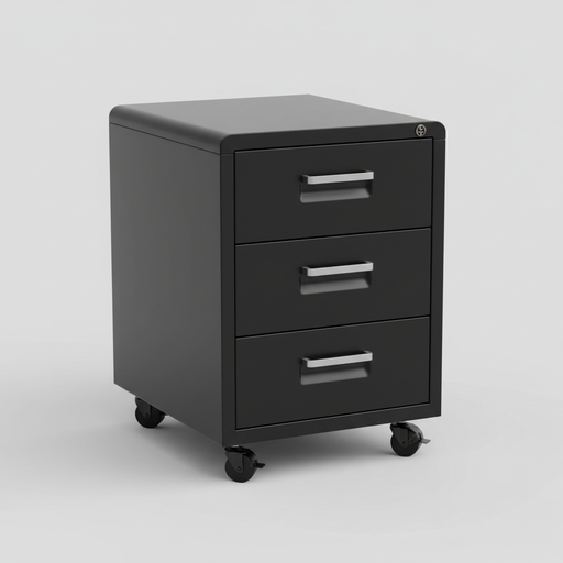 Black three-drawer mobile file cabinet on casters