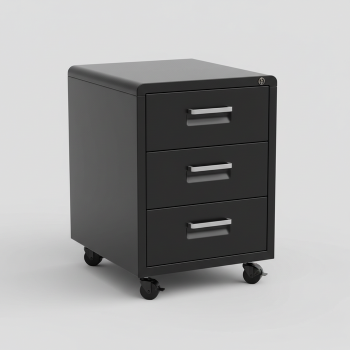 Black three-drawer mobile file cabinet on casters