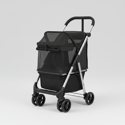 Black foldable pet stroller with mesh cabin, storage basket, and four wheels
