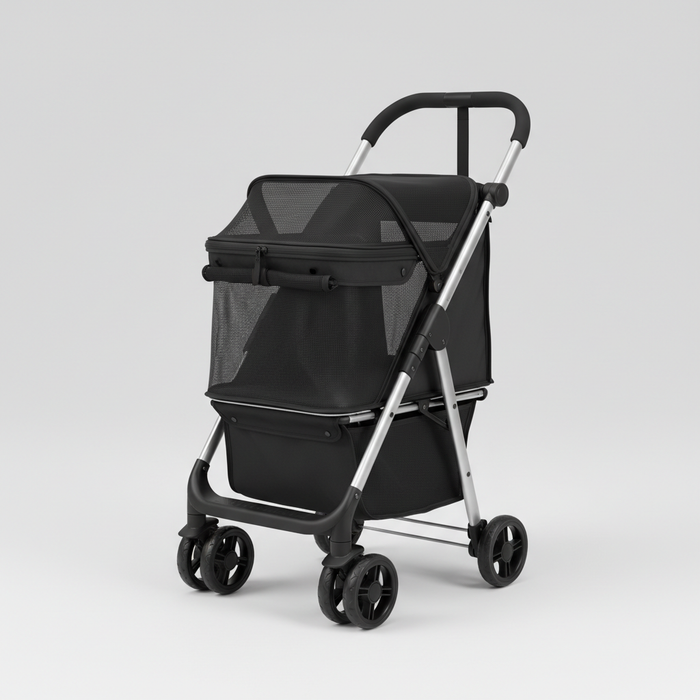 Black foldable pet stroller with mesh cabin, storage basket, and four wheels