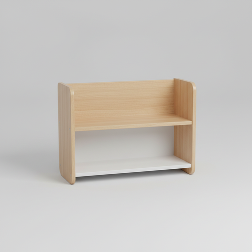 Compact natural wood and white two-tier childrens bookshelf with rounded edges