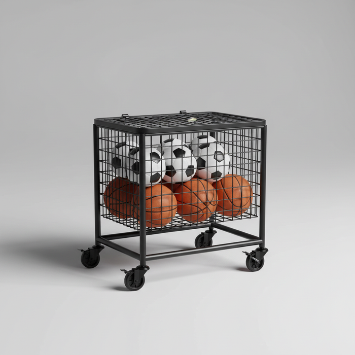 Lockable black rolling mesh sports-ball storage cart filled with soccer balls and basketballs