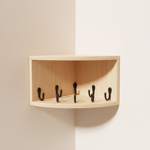 Wood wall-mounted corner shelf with five black hooks