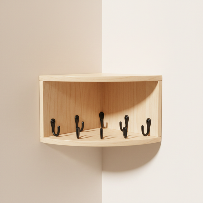 Wood wall-mounted corner shelf with five black hooks