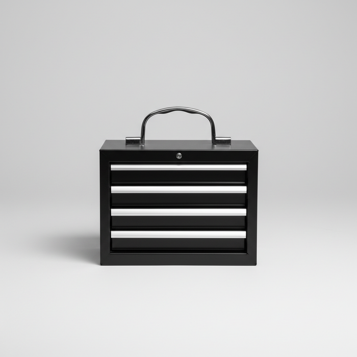 Black four-drawer portable steel tool chest with top handle