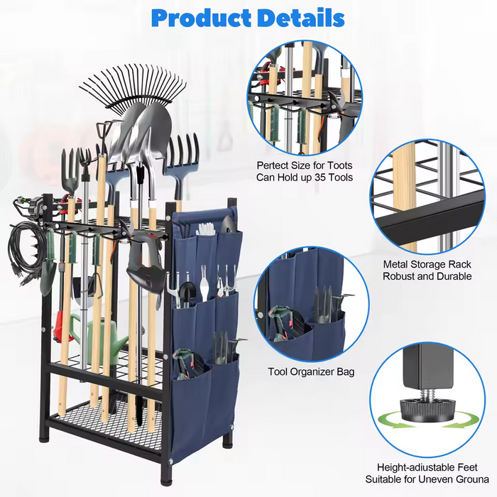 Garden Tool Organizer Rack with Storage Bag