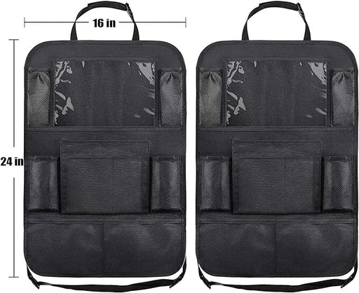 Backseat organizer fitted to a car seat with travel items stored